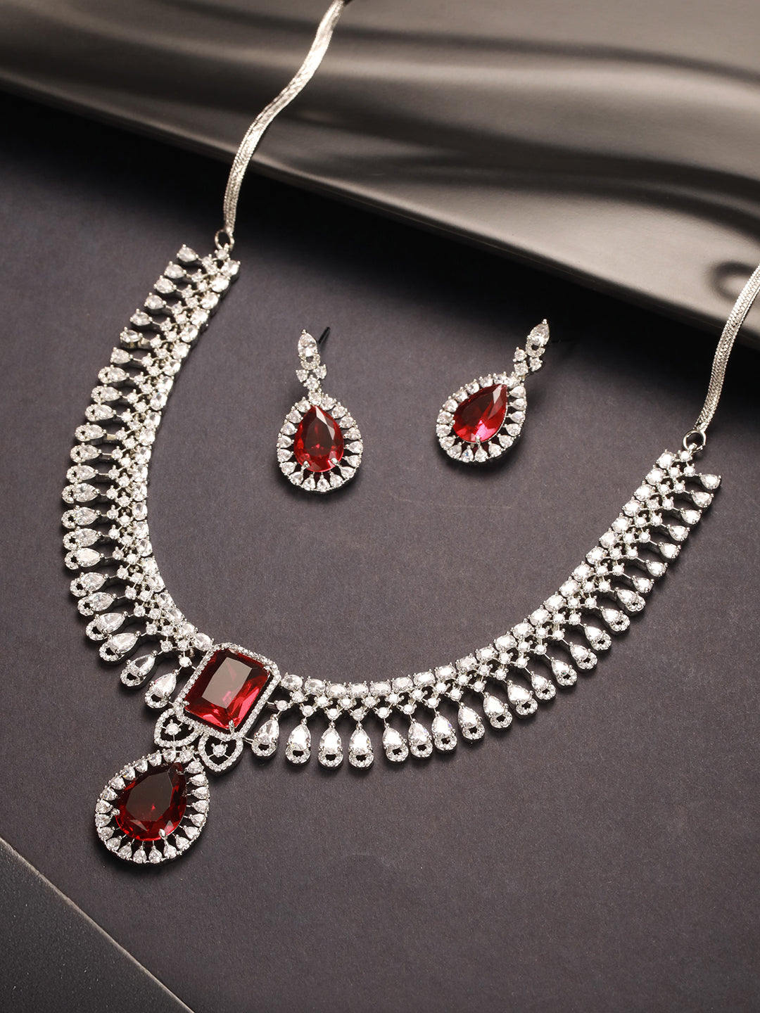 Silver Toned Rhodium Ruby Red AD Zircon Studded Designer Bridal Jewellery Set